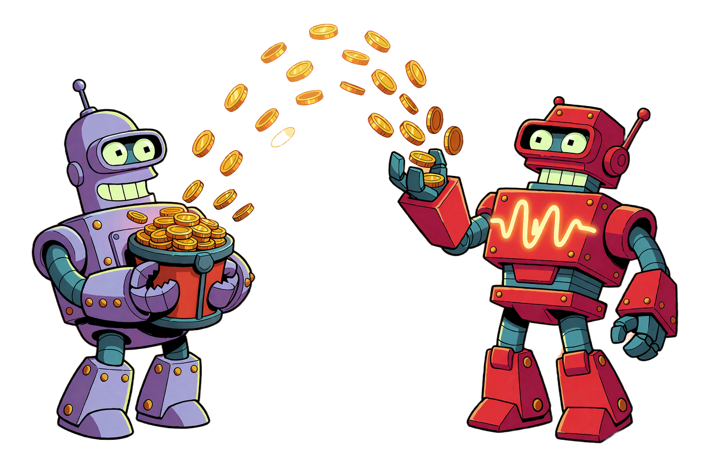 Dwa kresk&oacute;wkowe roboty Casoola rozsypujące złote monety bonusowe nad ekranem promocji