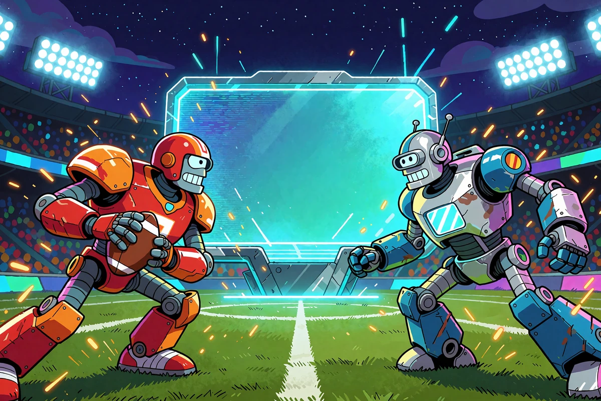 Dwa roboty-sportowcy na oświetlonym stadionie przy holograficznej tablicy wynik&oacute;w sportsbooka Casoola