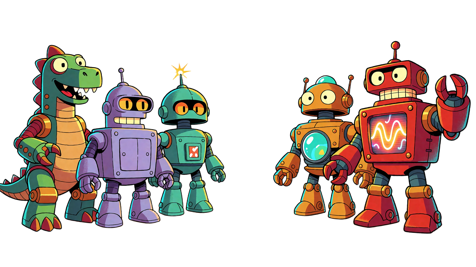 Pięć kresk&oacute;wkowych robot&oacute;w-maskotek Casoola Casino: Caszilla, Spike, Armando, Fernando i Surge
